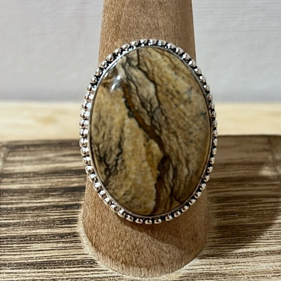 BROWN PICTURE JASPER GEMSTONE RING 925 STERLING SILVER SIZE 10 - Picture 2 of 9